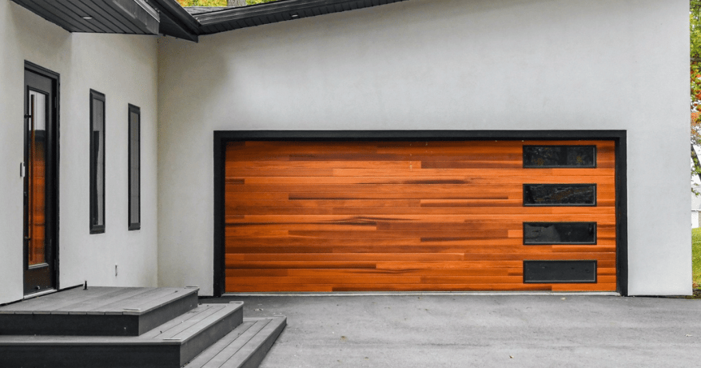 Modern wood doors with black frames, glass panes